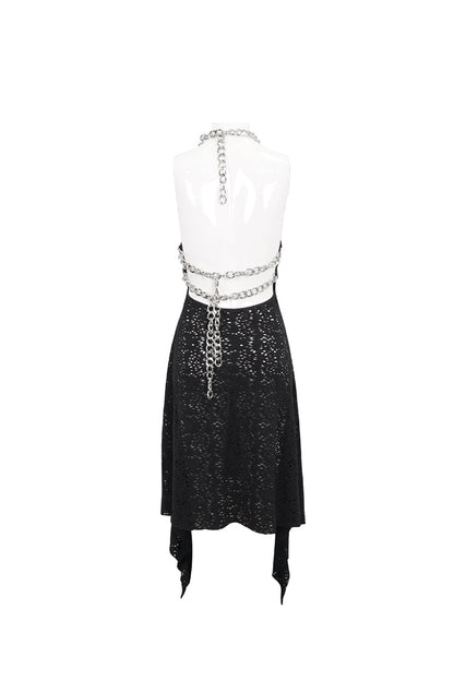Wool Patterned Metal Chain Halter Backless Black Punk Dress