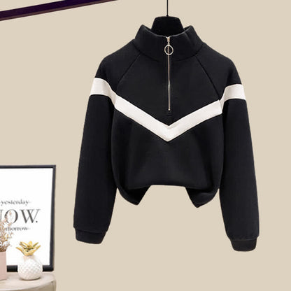 Sweatshirt Draw Zipper Pocketed String Pants Casual