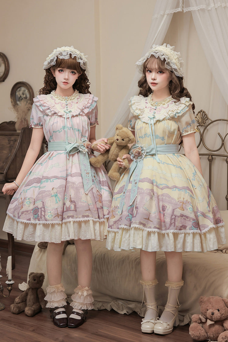 Sunny Short-Sleeve Bear Printed Ruffled Bow Dress Ensemble
