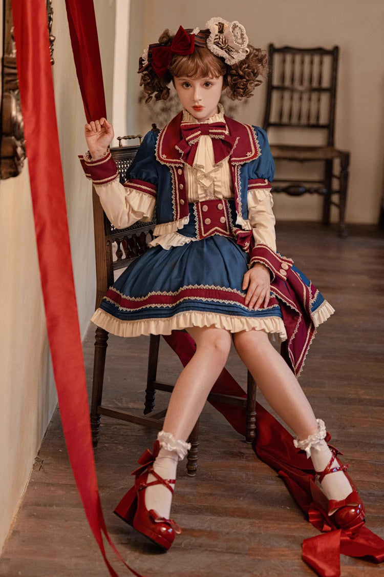 Red White Blue Star Idol Round Collar Ruffle Bowknot Sweet Princess Lolita Full Set