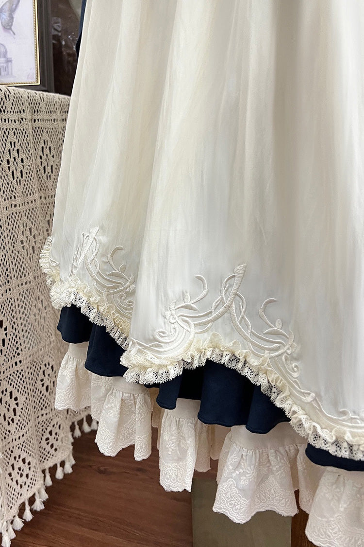 Morning Mist Coast Stand-Collar Long-Sleeved Ruffle Embroidered Vintage Elegant Lolita Skirt Dress Set in Beige