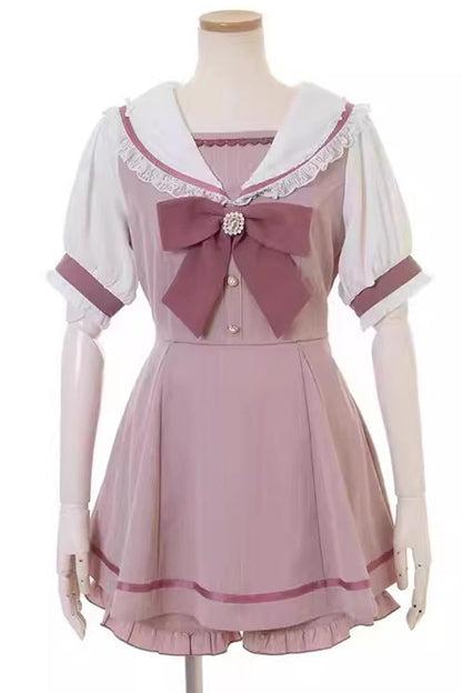 Short Sleeves Bowknot Lace Sweet Dress Set