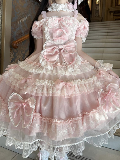 Sweet Pink Bow Accents and Bead Details Princess Lolita Dress with Big Bow at Back