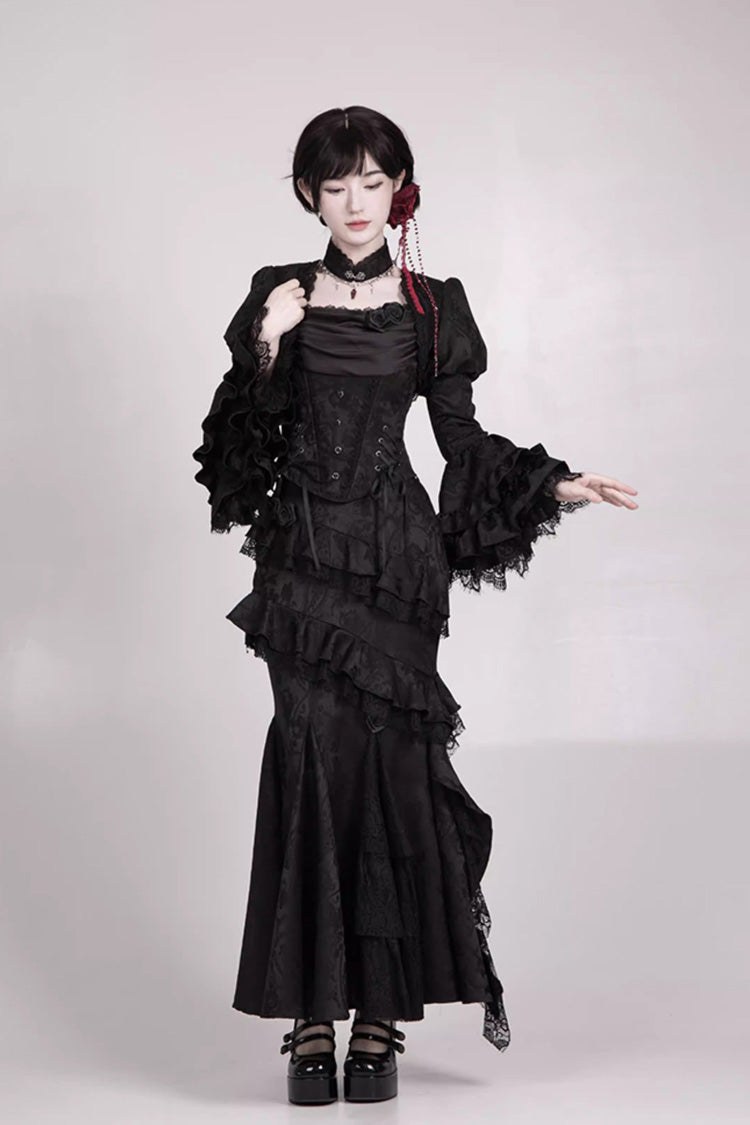 Gothic Lolita Skirt with Multi-Layered Jacquard and Ruffled Witch Design