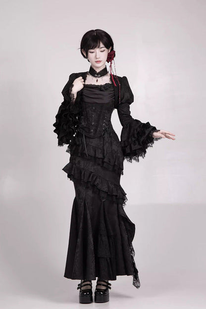 Gothic Lolita Skirt with Multi-Layered Jacquard and Ruffled Witch Design