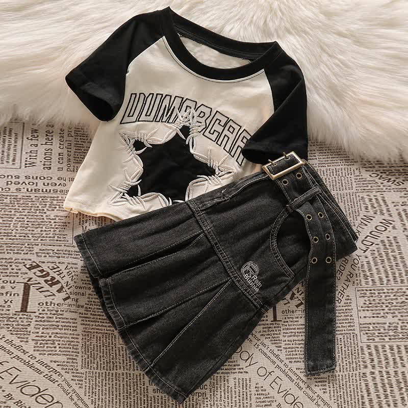 Belted T-Shirt Crop Top Letter Star Denim Skirt