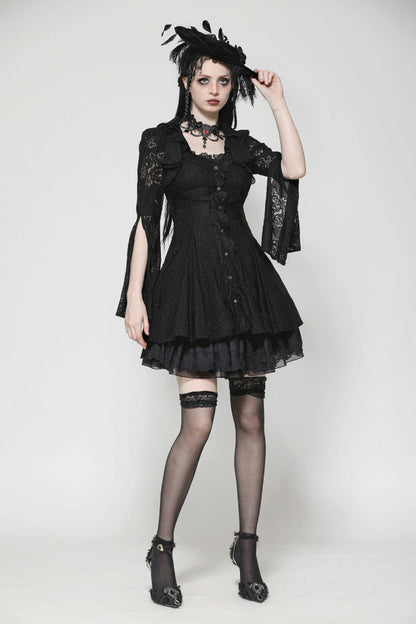 Ebony Embroidered Lace Trumpet Sleeve Corset Dress - Gothic Honeymoon Gown