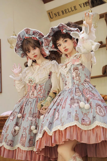 Pink/Green Sweet Lolita Bear Doll Print Ruffle Embroidery JSK Dress