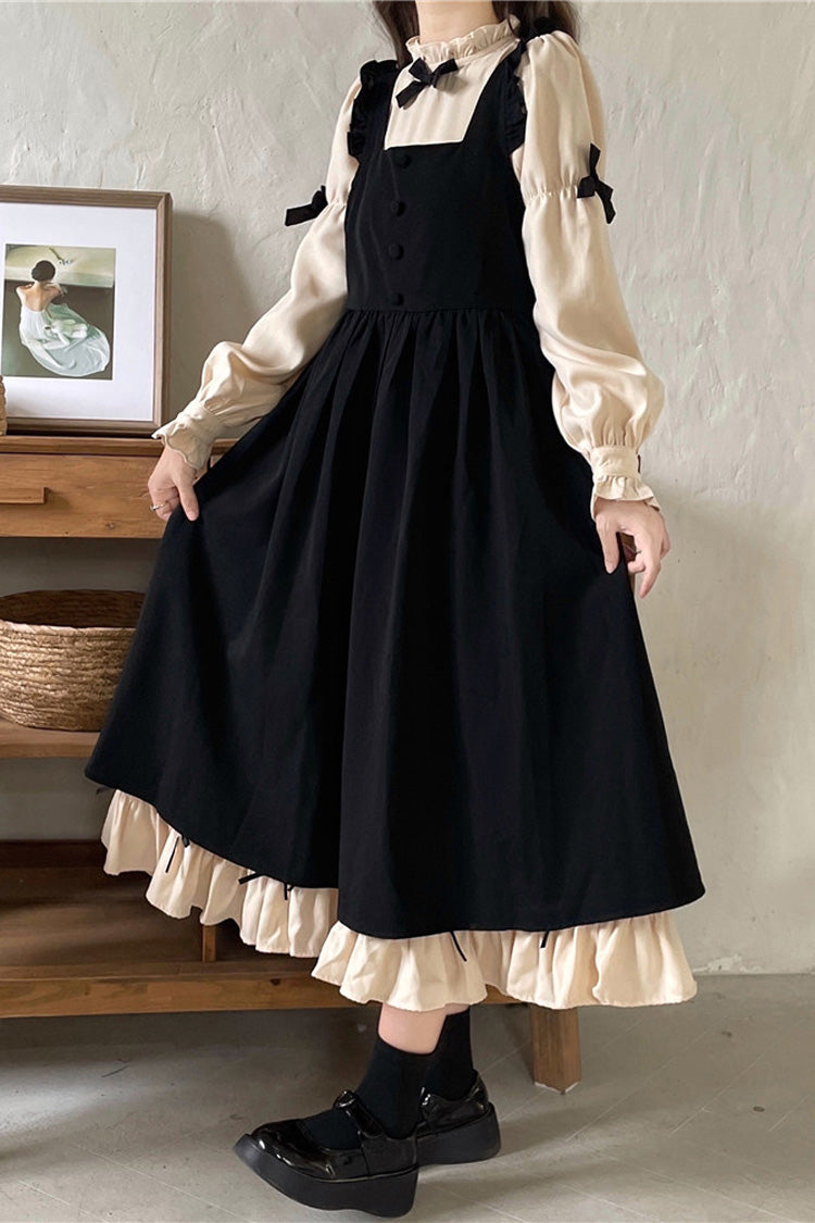 Black/Apricot Sweet Lolita Japanese Puff-Sleeved Ruffle Bowknot Dress