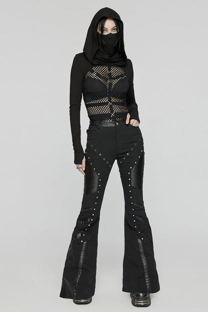 Punk Flared Trousers with Mesh and Metal Studs