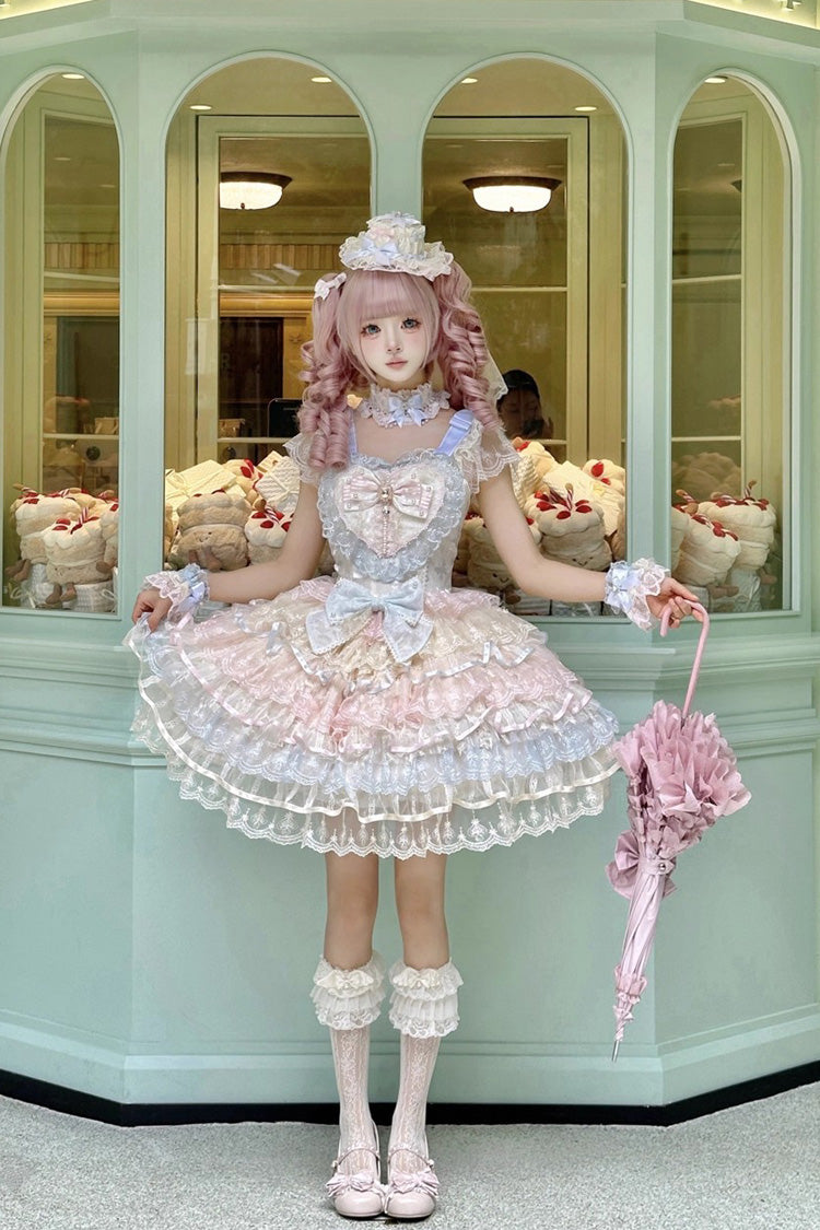 Rainbow Feathers Ballad Sleeveless Multi-Layered Ruffle Hanayome Bow Sweet Lolita Jsk Dress
