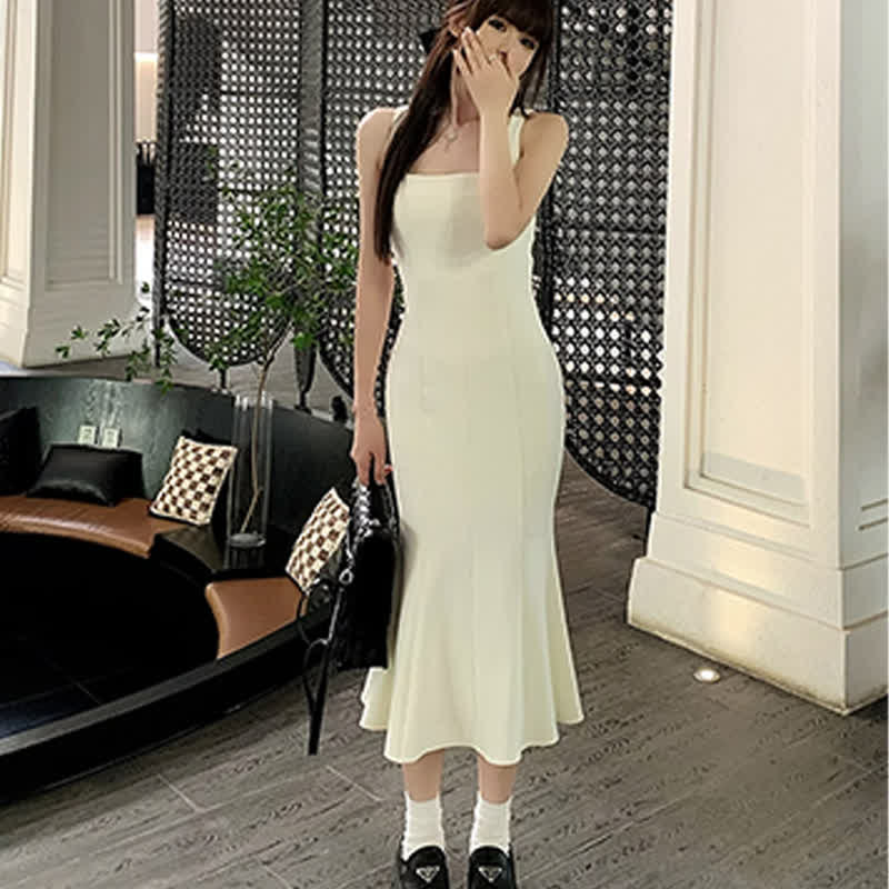 Elegant Cross Knit Sweater Square Collar Fishtail Slip Dress