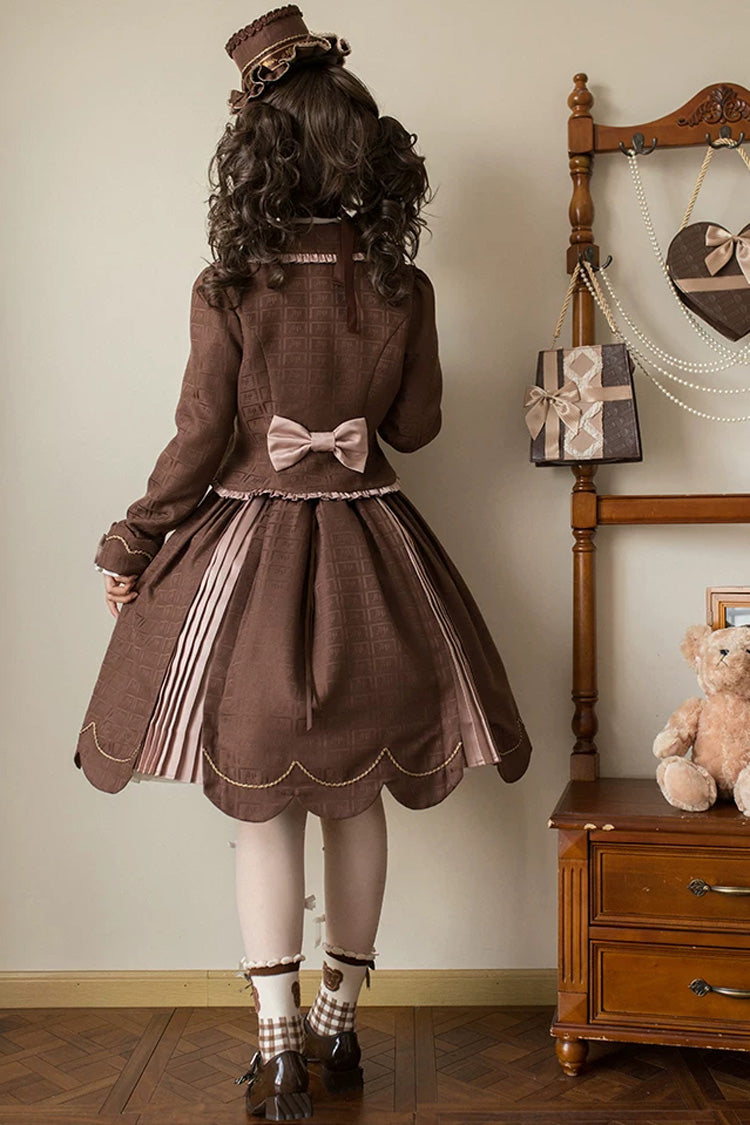 Brown Teddy Chocolate Bar Print Embroidered Bow Lace-Up Classic Lolita JSK Skirt