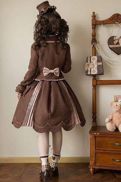 Brown Teddy Chocolate Bar Print Embroidered Bow Lace-Up Classic Lolita JSK Skirt