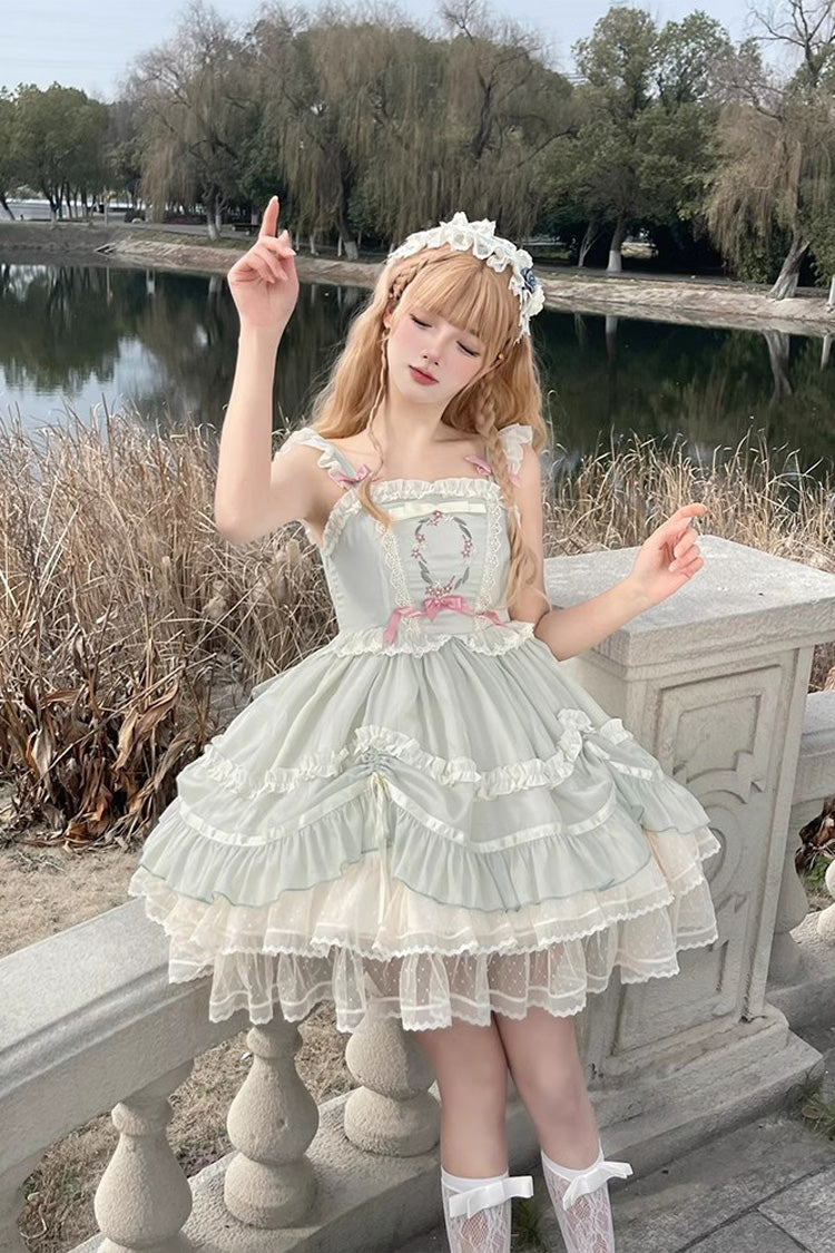 Green Floating Light Dance Multi-layer Ruffle Embroidery Bowknot Lace Sweet Lolita Jsk Dress
