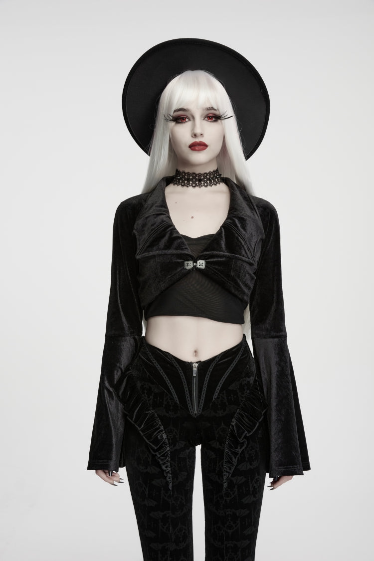 Gothic Short Jacket for Her with Velvet Bat Wing Collar and Flare Sleeves