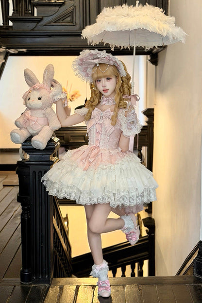 Rose Pearl Ballet Square Neck Sleeveless Layered Ruffles Bow Lace-Up Pearl Decor JSK