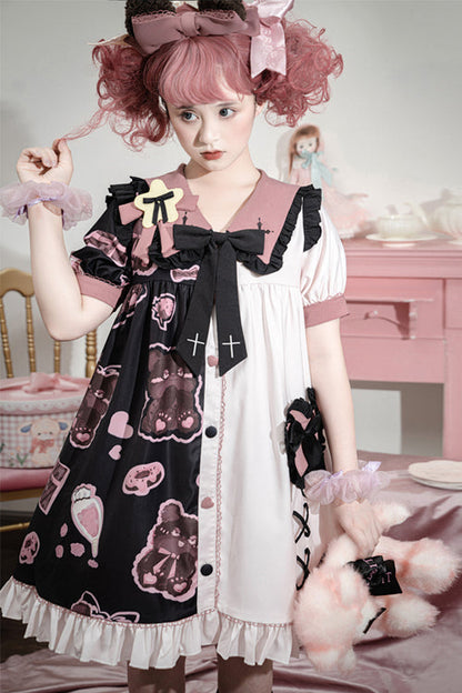 Lapel Collar Bear Print Sweet Lolita Dress with Short Sleeves