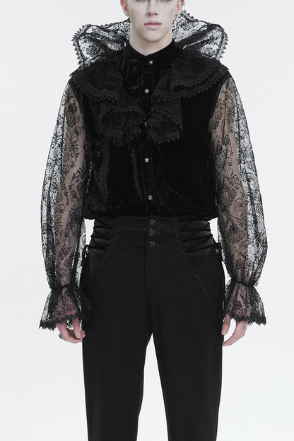 Men's Gothic Shirt with Lotus Leaf Collar and Sheer Lace