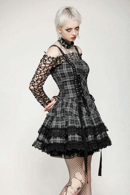 Charcoal Layered Lace Hem Plaid Slip Dress - Punk Party Attire