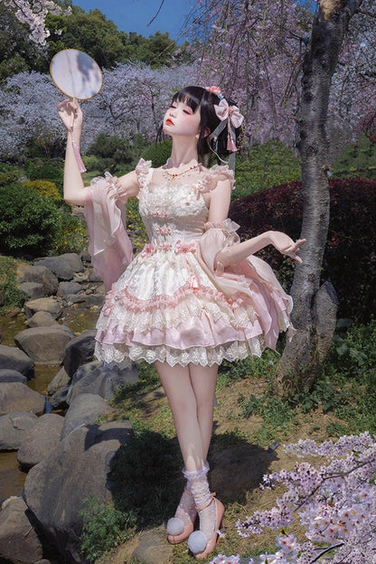 Pink Floral Ruffle Embroidered Bow Chinese Elegant Lolita Jumper - Lyrics in the Midst of Flowers