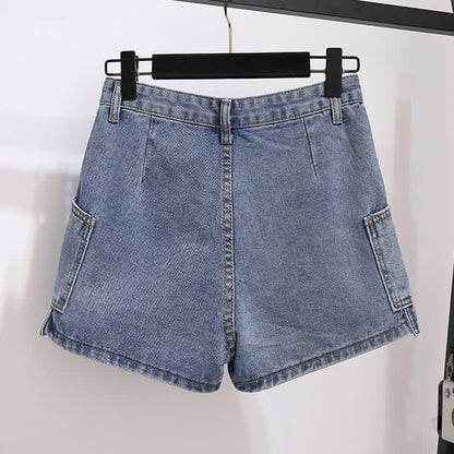 T-Shirt Stripe Pieces Denim Fake Pocketed Shorts Two Lapel