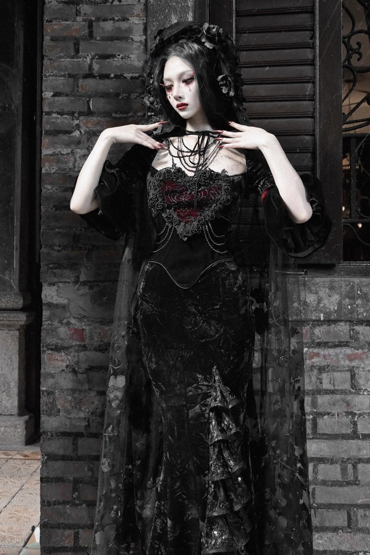 Square Collar Gothic Mermaid Dress with Multi-Layered Ruffled Embroidery - Castle of Dark Romance