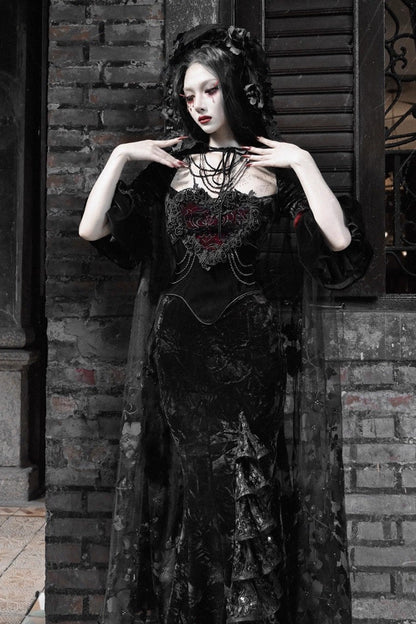 Square Collar Gothic Mermaid Dress with Multi-Layered Ruffled Embroidery - Castle of Dark Romance