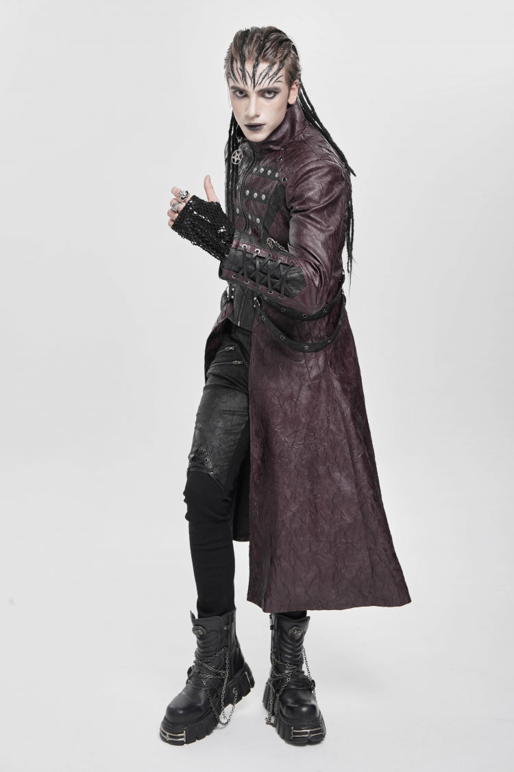 Crimson Mandarin Collar Zip Strap Eyelet Men's Punk Coat