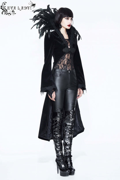 Gothic Tailcoat for Women with Feathered Collar Long Sleeves and Bowknot