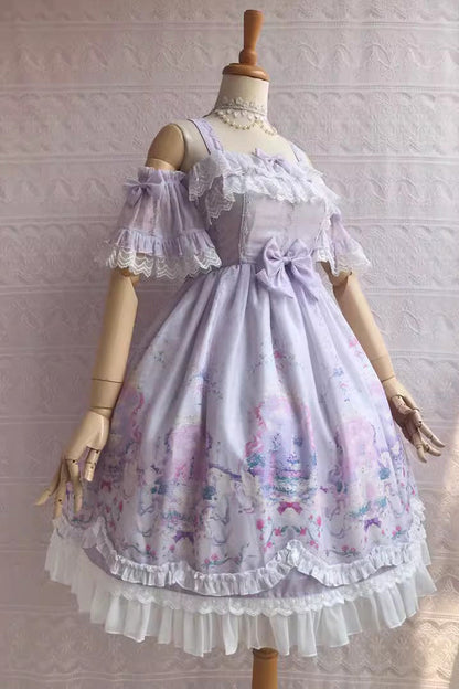 Sweetie Violet Unicorn Print Ruffle Jsk Dress - Secret Garden Lolita