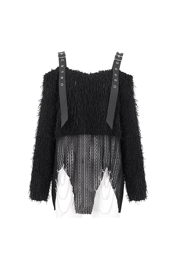 Off-Shoulder Fluffy Black Sweater Punk Women's Asymmetric Style