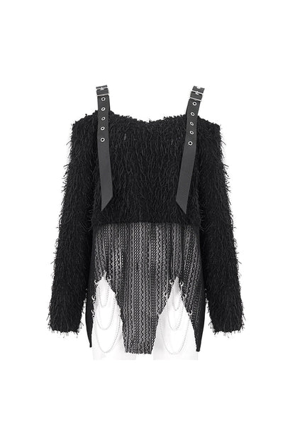 Off-Shoulder Fluffy Black Sweater Punk Women's Asymmetric Style