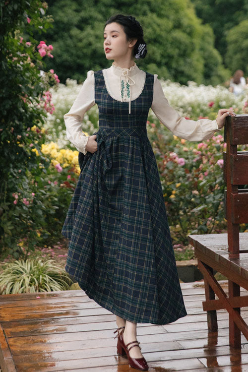 Dark Green Vintage Classic Lolita Dress with Plaid Print and Embroidery