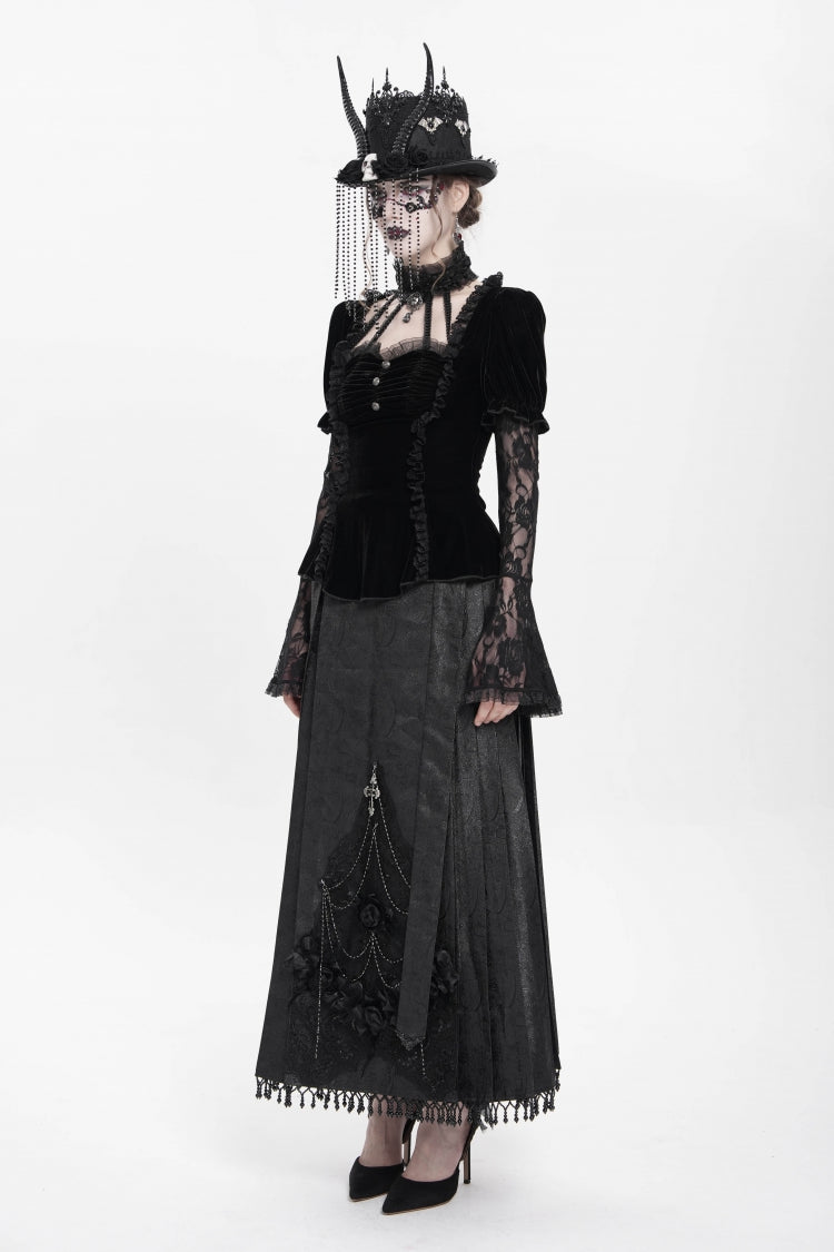 Faux Two-Piece Velvet Blouse with Eyelet and Pleats
