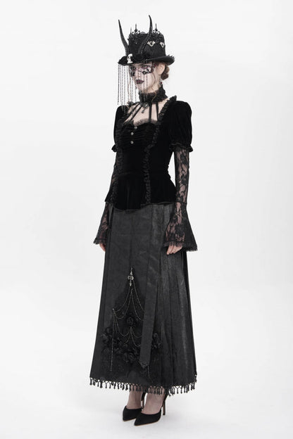 Faux Two-Piece Velvet Blouse with Eyelet and Pleats