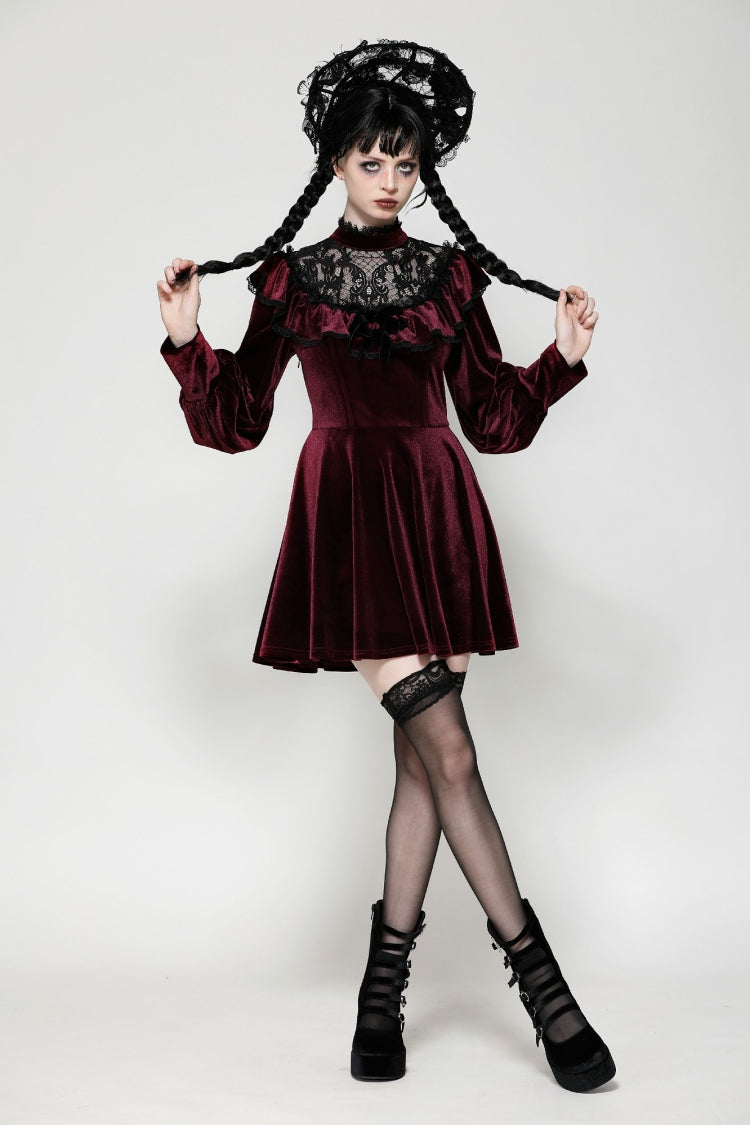 Crimson Knit Velvet Maxi Gown with Long Sleeves - Gothic Graduation Attire