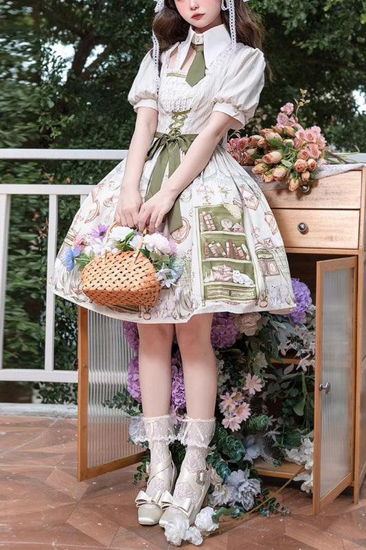 Multi-Color Short Sleeves Book House Print Bow Sweet Princess Lolita Dress