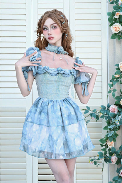 Blue Square Collar Short Puff Sleeve Multi-Layer Print Ruffle Bow Tie-Dye Sweet Princess Lolita Dress