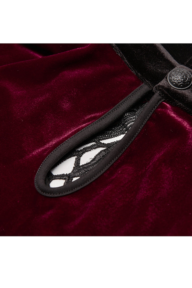 Crimson Velvet Chest Cutout Back Lace-Up Long Sleeve Plus-Size Goth Gown