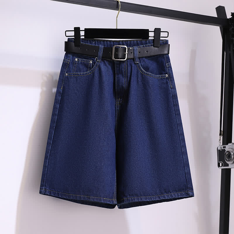 Lapel Shorts T-Shirt Colorblock Denim Belted