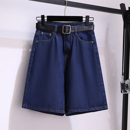 Lapel Shorts T-Shirt Colorblock Denim Belted