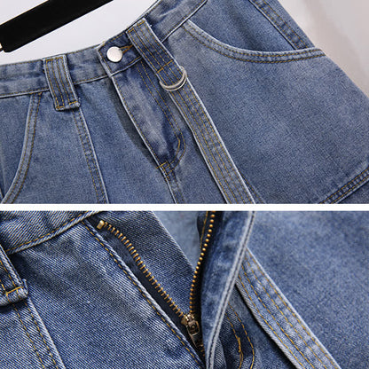 T-Shirt Stripe Pieces Denim Fake Pocketed Shorts Two Lapel