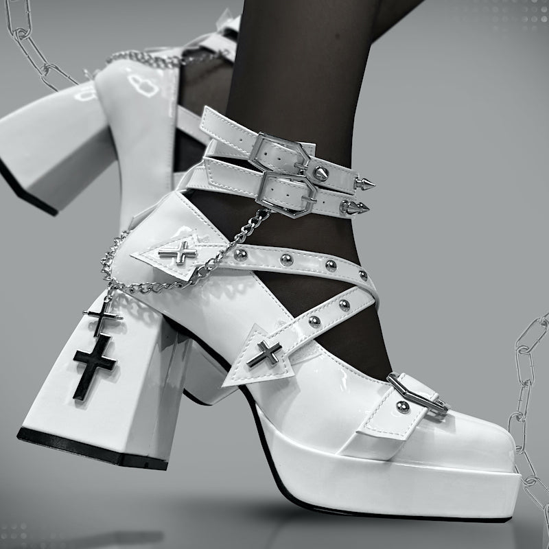Gothic Punk Princess Lolita High Heels with Chain Cross Detail in Two Shades