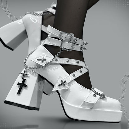 Gothic Punk Princess Lolita High Heels with Chain Cross Detail in Two Shades