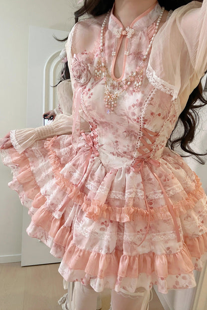Peach Moon Bamboo Halterneck Print Ruffle Dress - Chinese Lolita Style