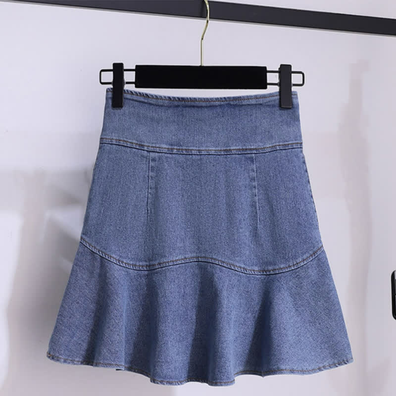 Skirt Stripe High Waist Denim Blue T-Shirt Knitted