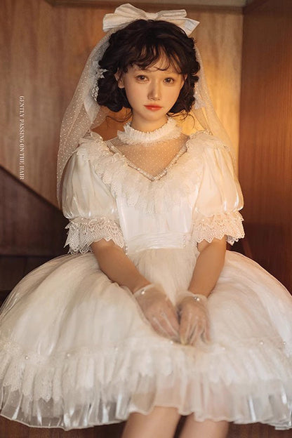 Ivory Multi-Layered Ruffled Hollow Bow Lace Vintage Lolita Dress