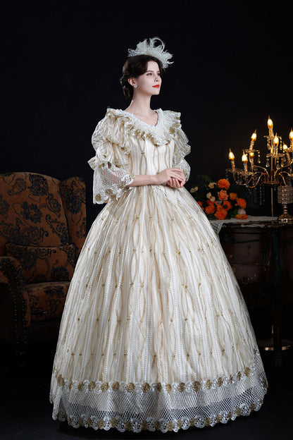 Ruffled Cut-Out Mesh Victorian Dress with Puff Sleeves