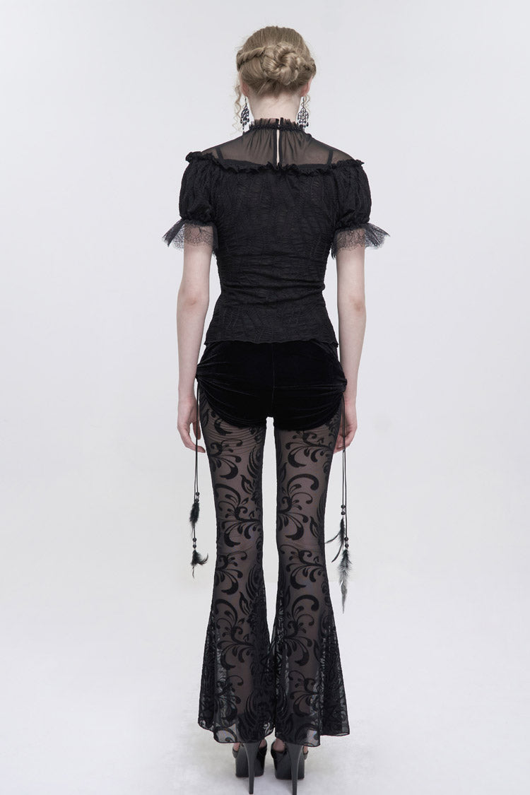 Gothic Women's Long Flared Trousers with Faux Two-Piece Feather Pendant and Mesh Side Panels